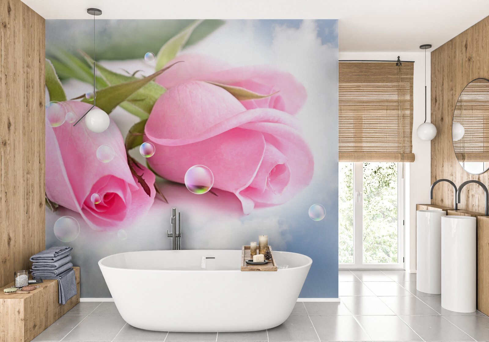 Фотошпалери рожеві троянди з краплями роси на шовковому тлі