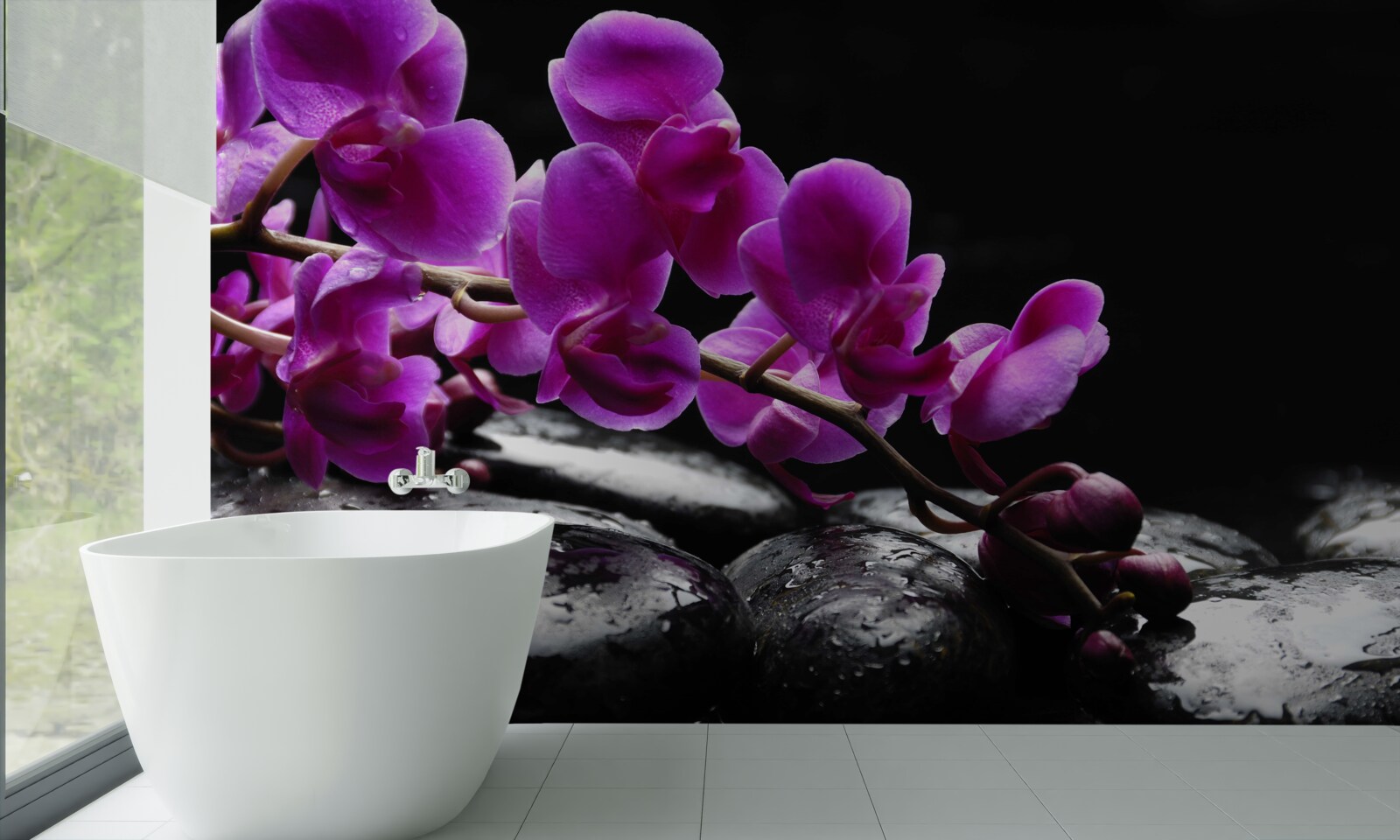 Фотошпалери чорний камінь з фіолетовою гілкою орхідеї