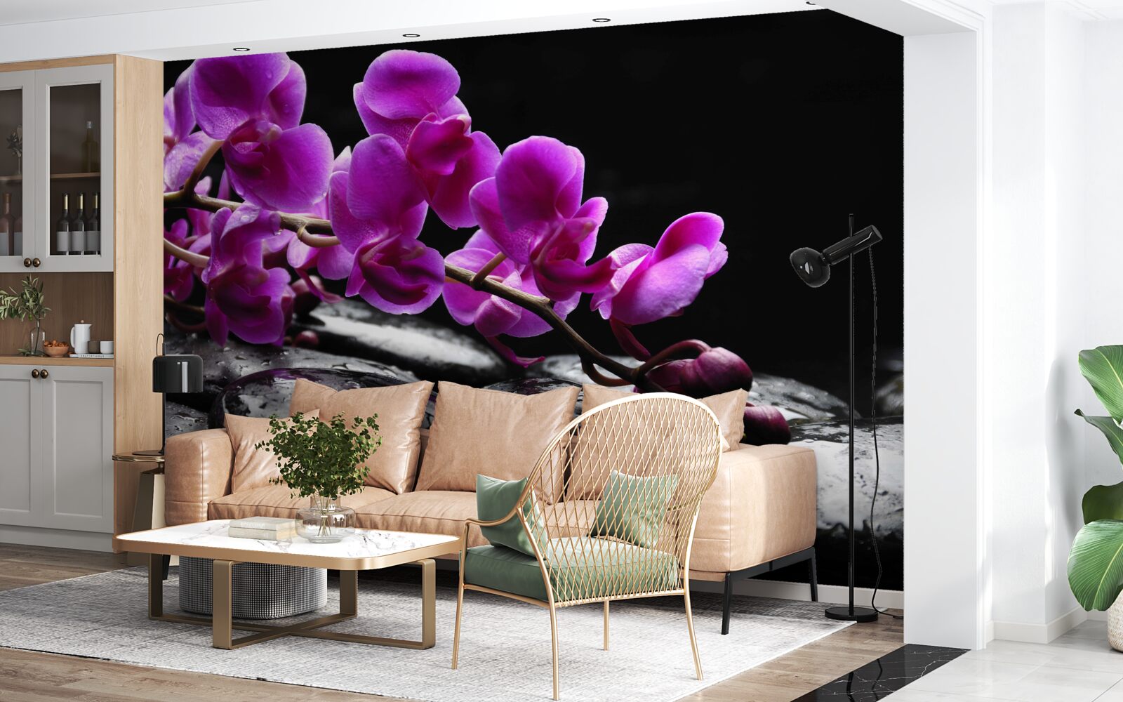 Фотошпалери чорний камінь з фіолетовою гілкою орхідеї