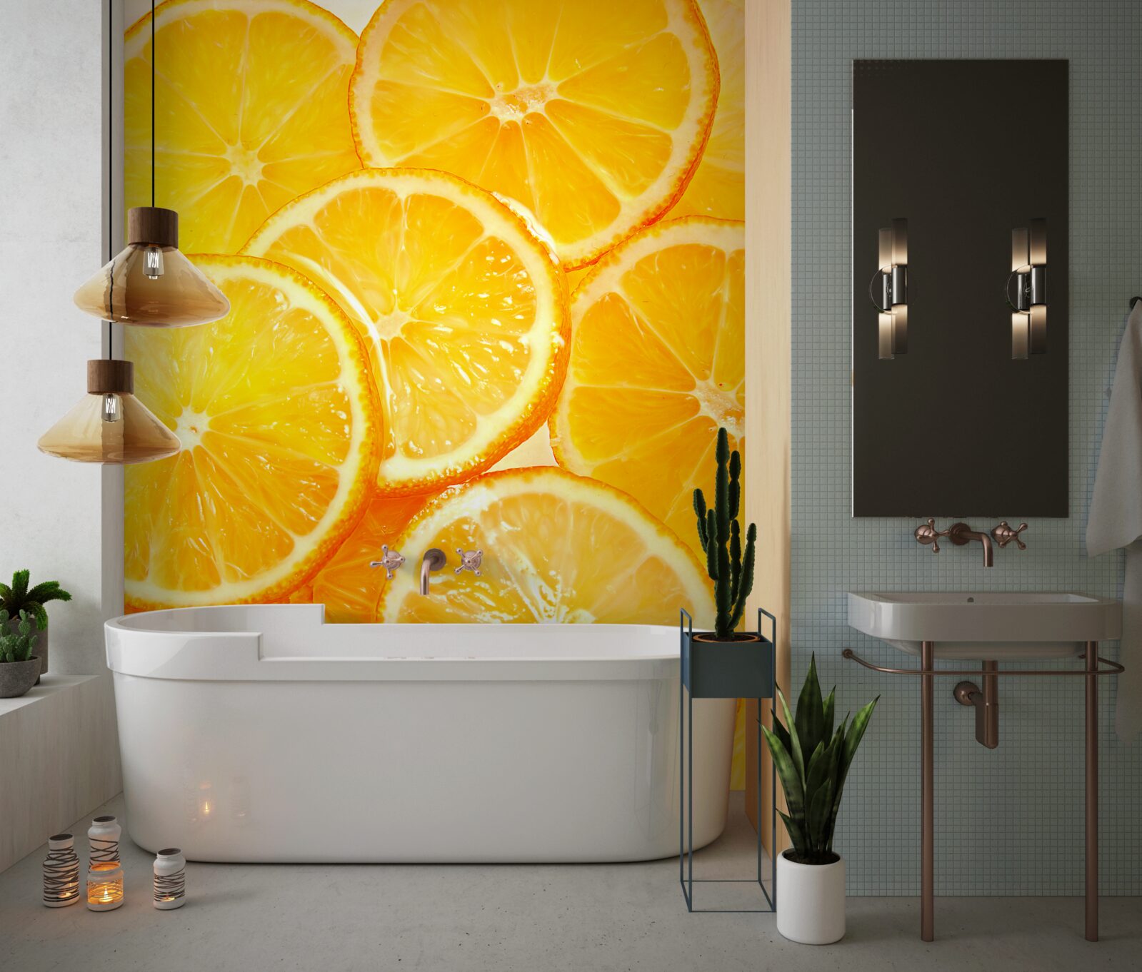 Фотошпалери соковиті та яскраві скибочки апельсина