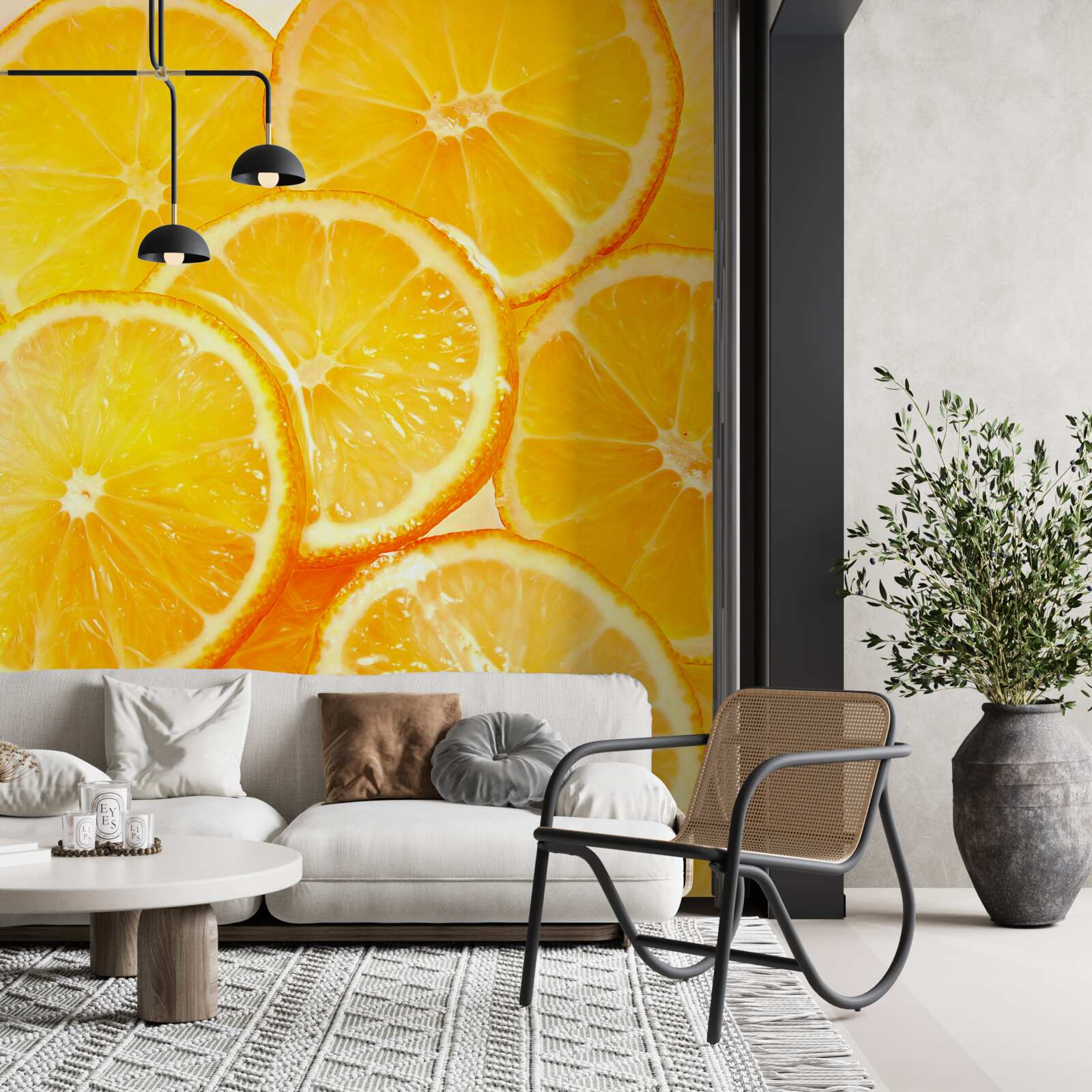 Фотошпалери соковиті та яскраві скибочки апельсина