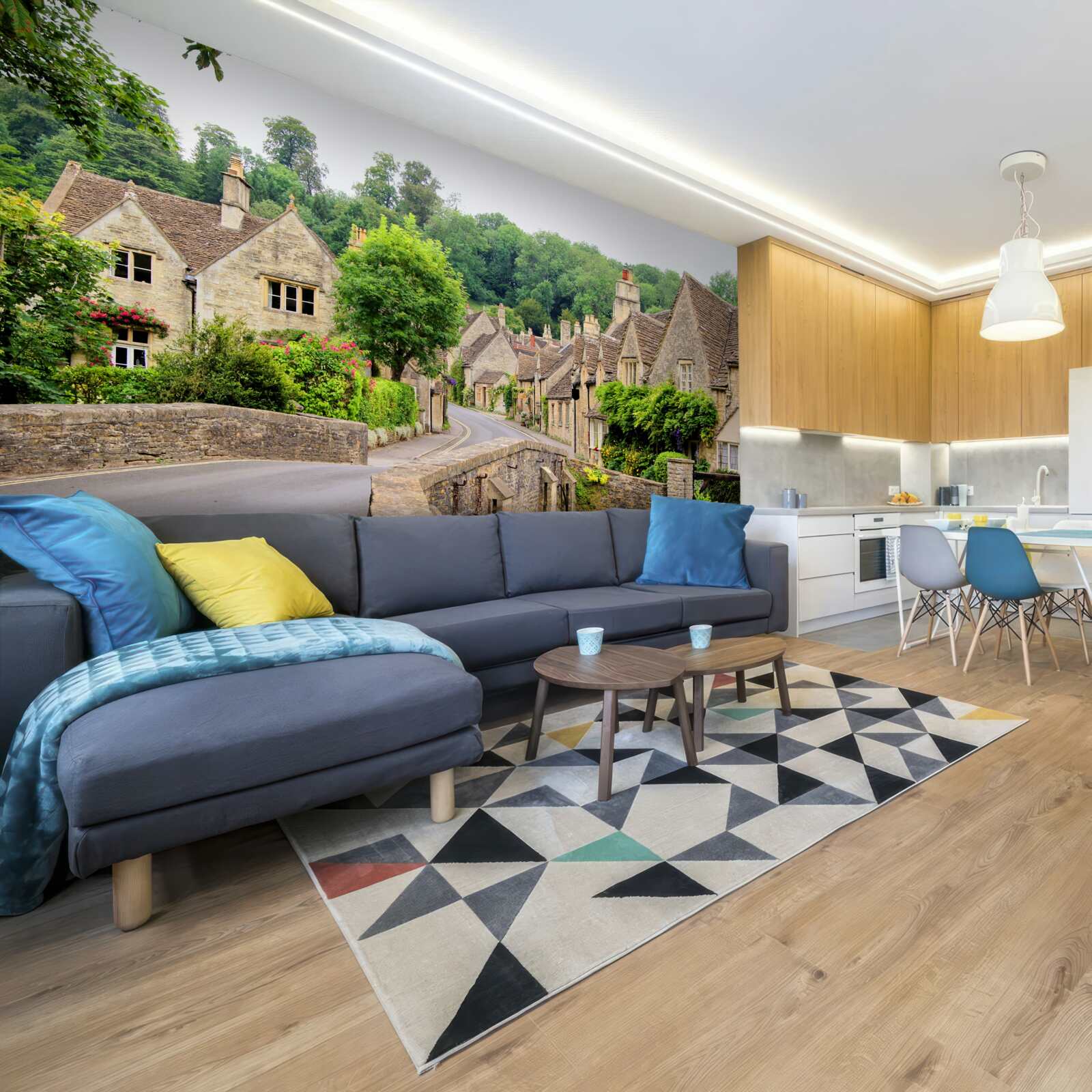 Фотошпалери старовинні будівлі, вкриті зеленим мохом, та міст