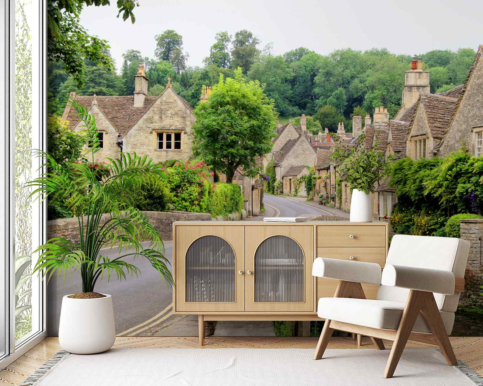 Фотошпалери старовинні будівлі, вкриті зеленим мохом, та міст