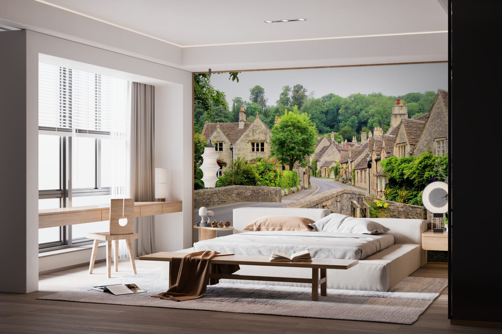 Фотошпалери старовинні будівлі, вкриті зеленим мохом, та міст