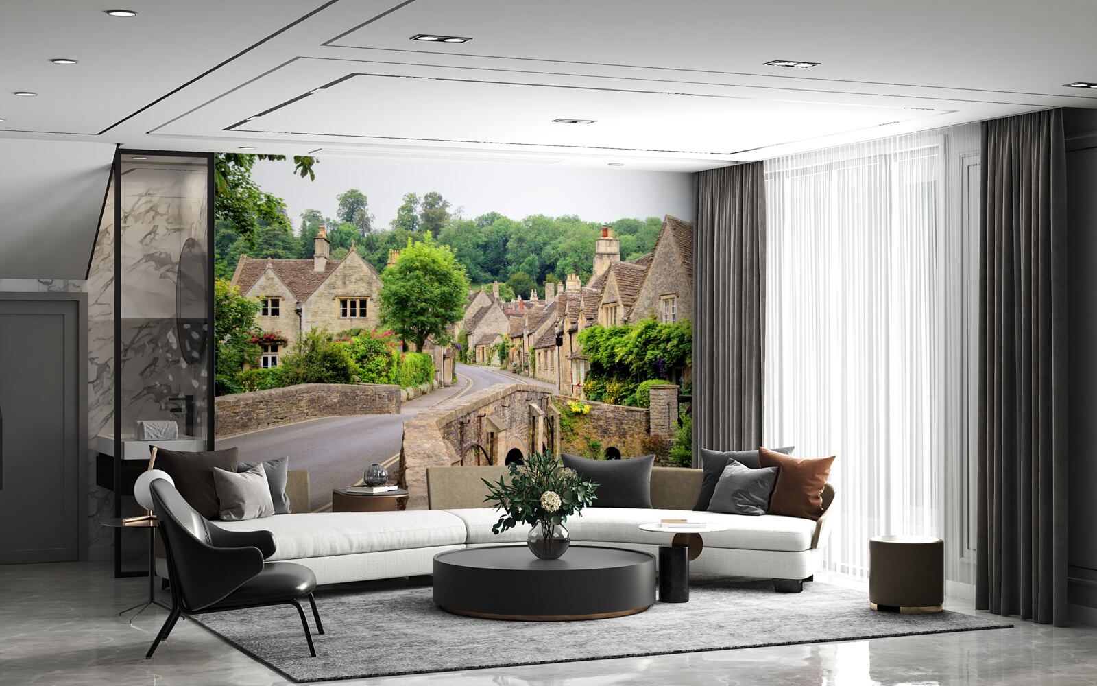 Фотошпалери старовинні будівлі, вкриті зеленим мохом, та міст