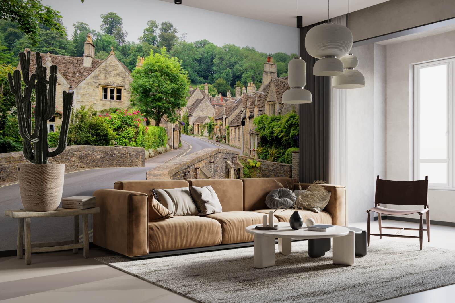 Фотошпалери старовинні будівлі, вкриті зеленим мохом, та міст