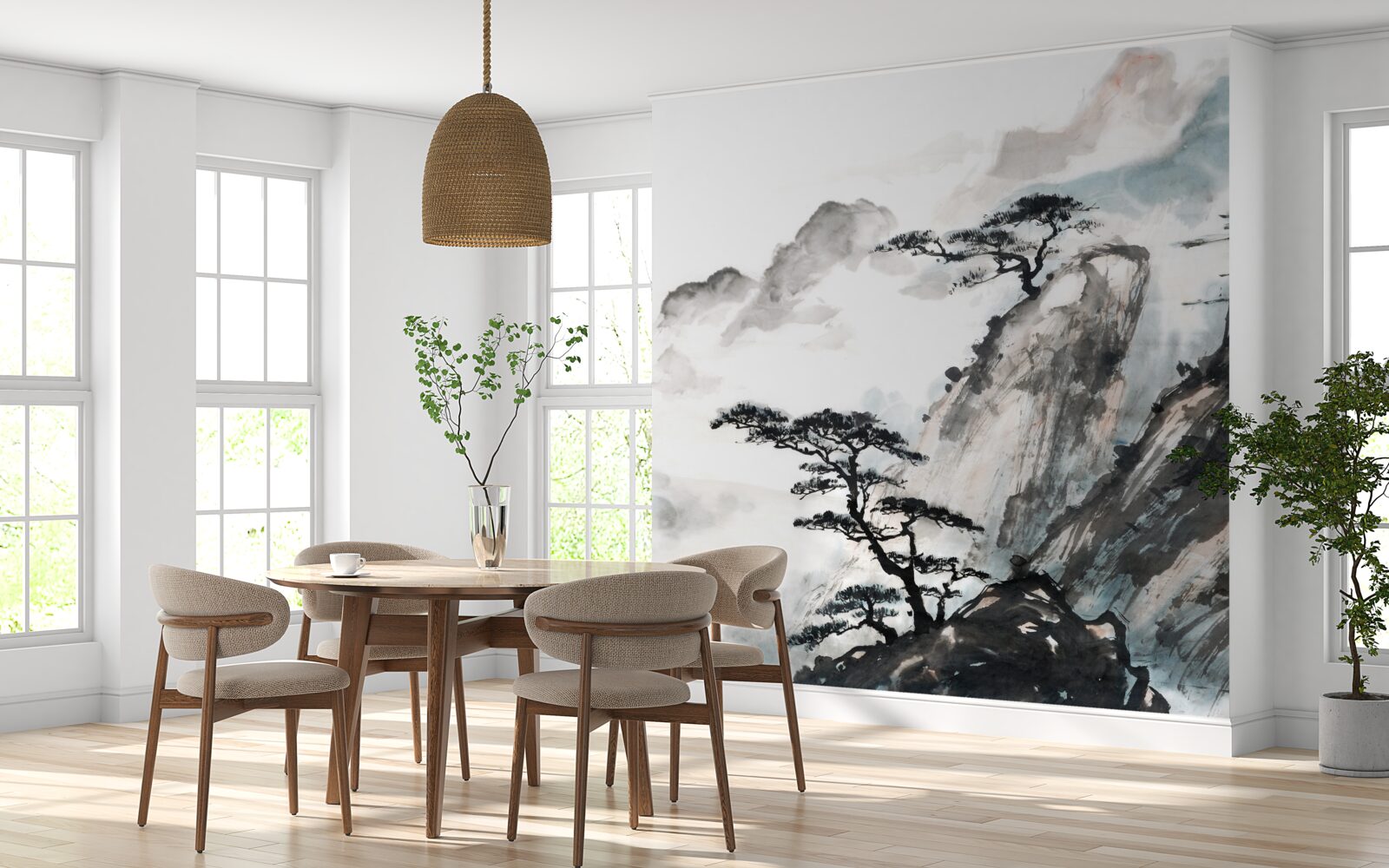 Фотошпалери акварель із зображенням водоспаду та поодиноких дерев