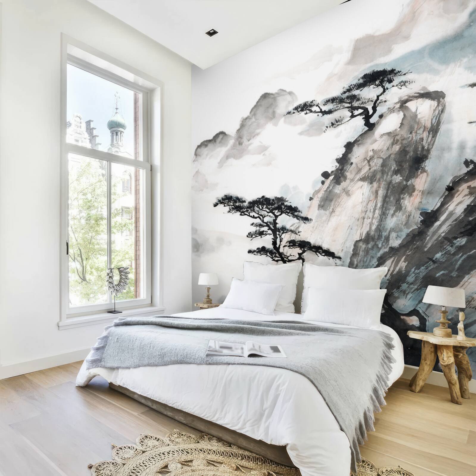 Фотошпалери акварель із зображенням водоспаду та поодиноких дерев