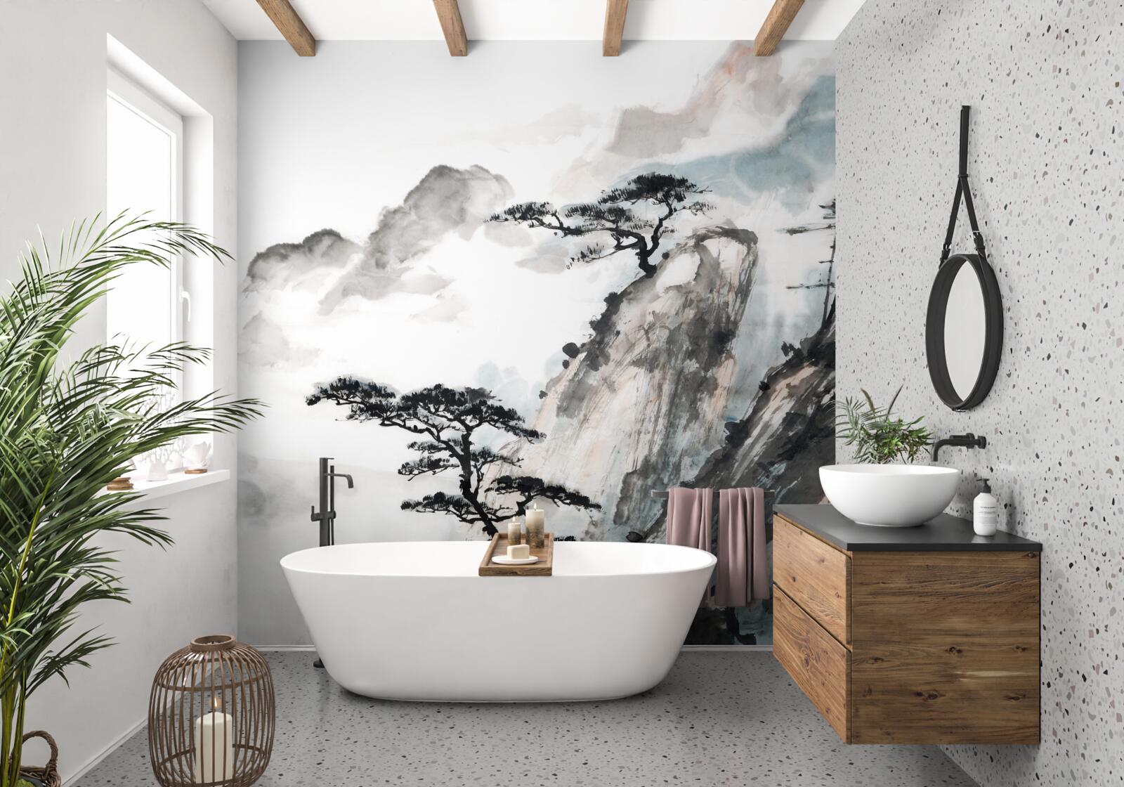 Фотошпалери акварель із зображенням водоспаду та поодиноких дерев