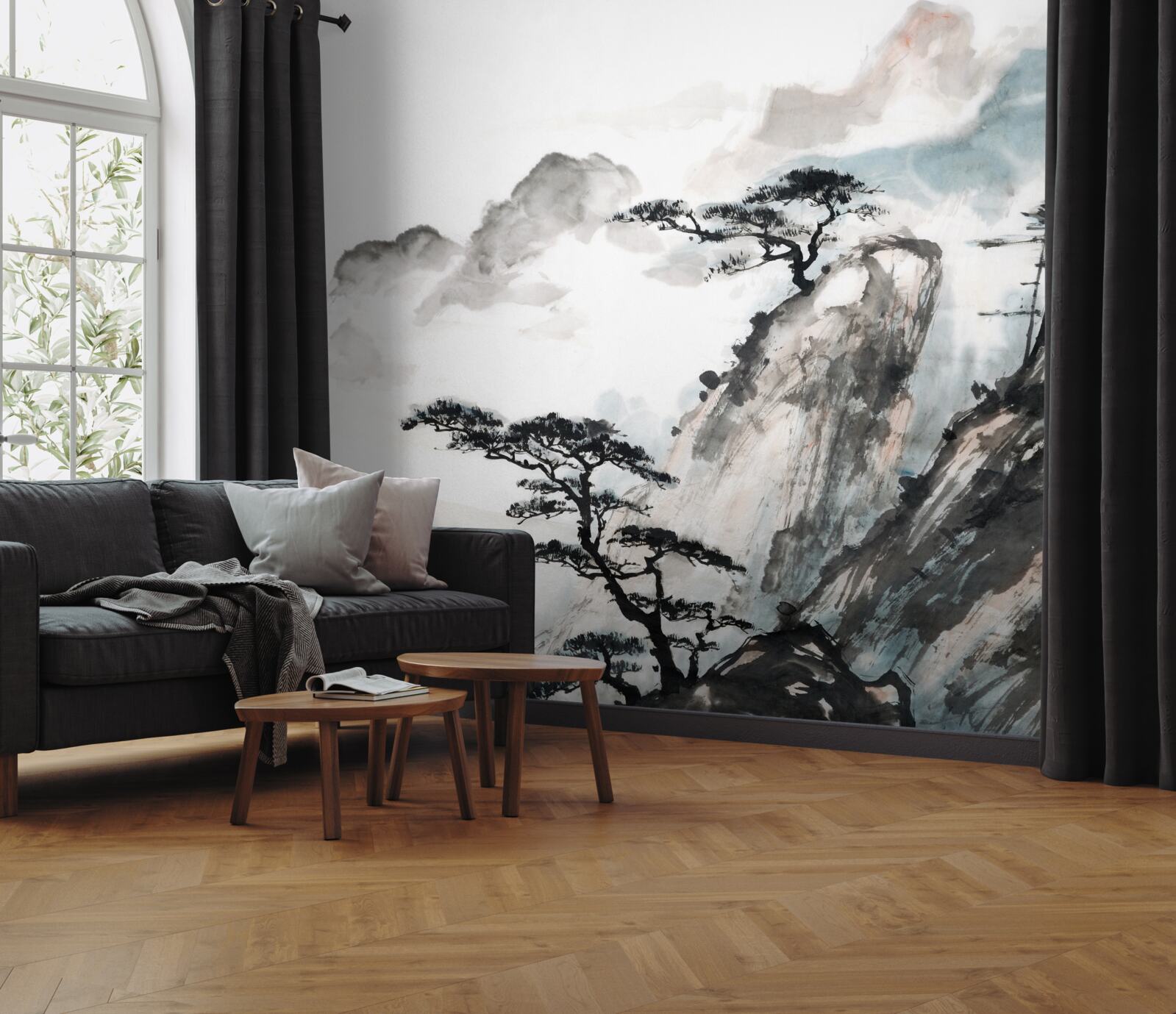 Фотошпалери акварель із зображенням водоспаду та поодиноких дерев