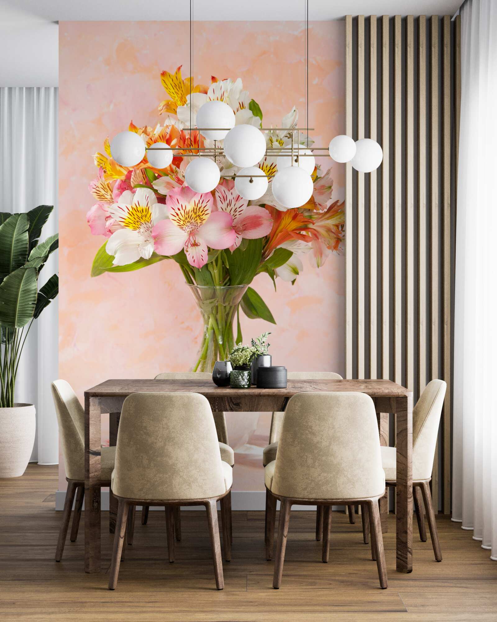 Фотошпалери у вазі стоїть букет різноманітних весняних живих квітів