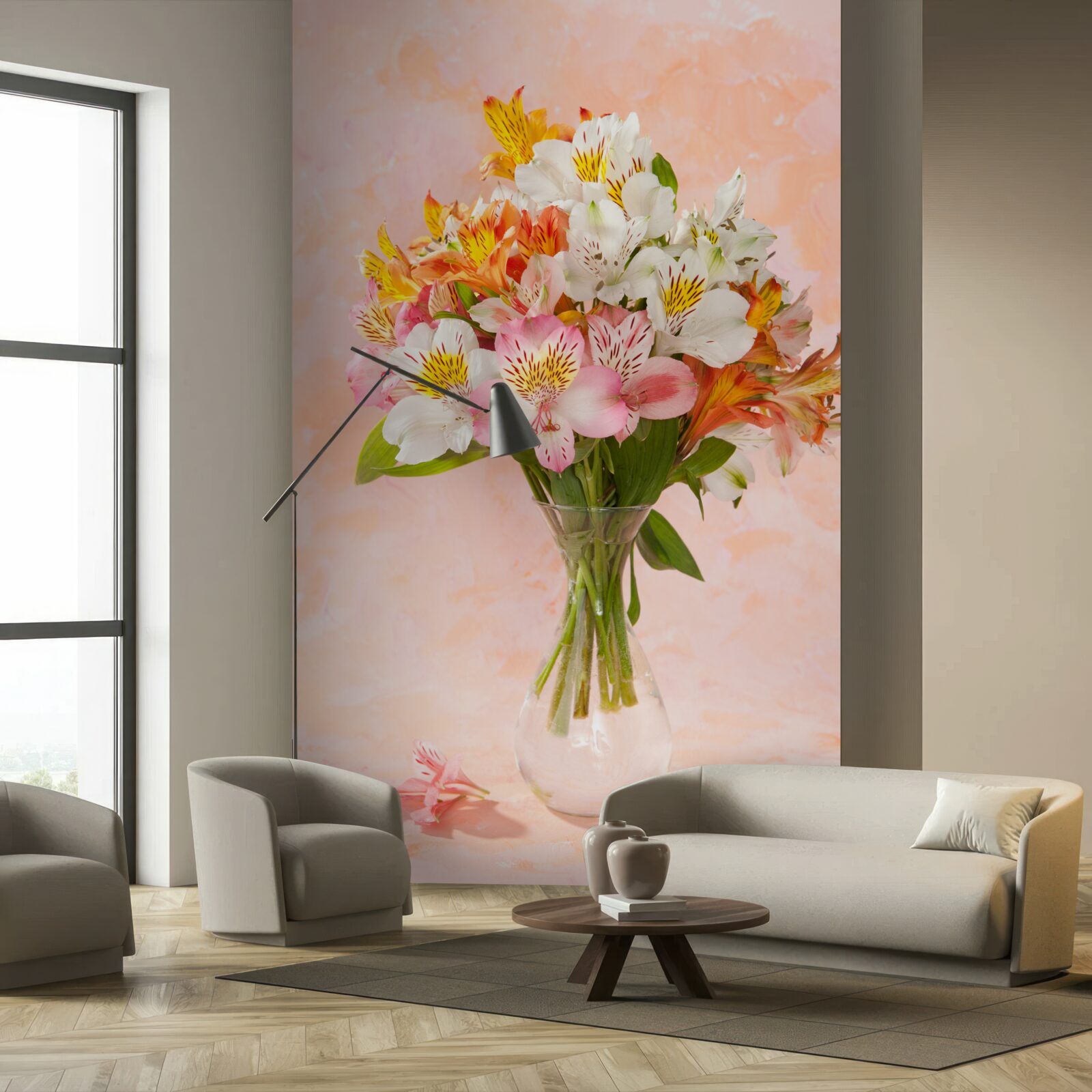 Фотошпалери у вазі стоїть букет різноманітних весняних живих квітів