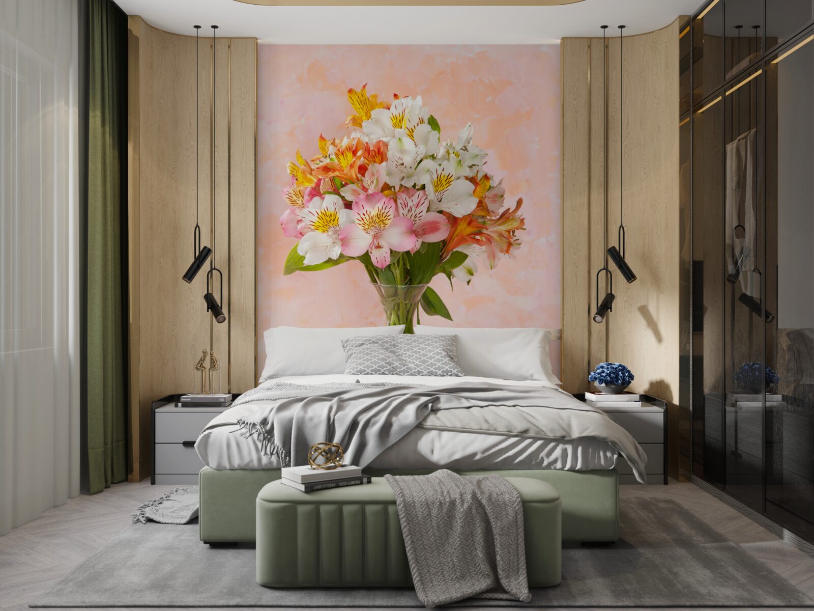 Фотошпалери у вазі стоїть букет різноманітних весняних живих квітів