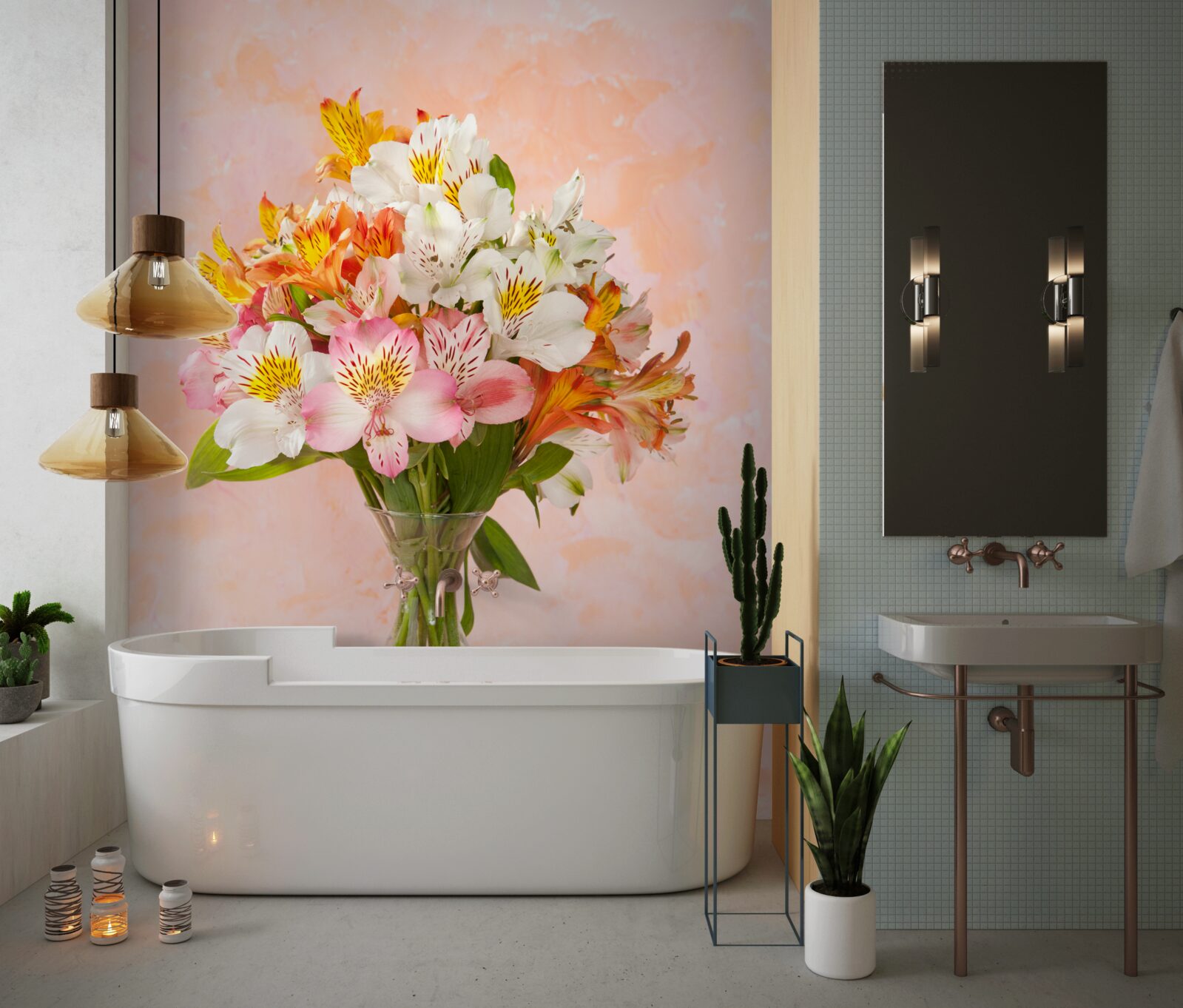 Фотошпалери у вазі стоїть букет різноманітних весняних живих квітів