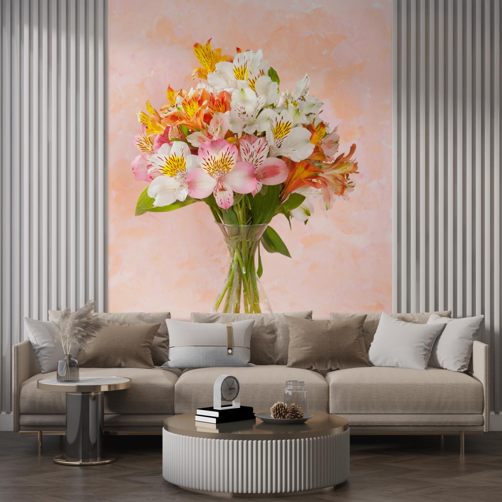 Фотошпалери у вазі стоїть букет різноманітних весняних живих квітів