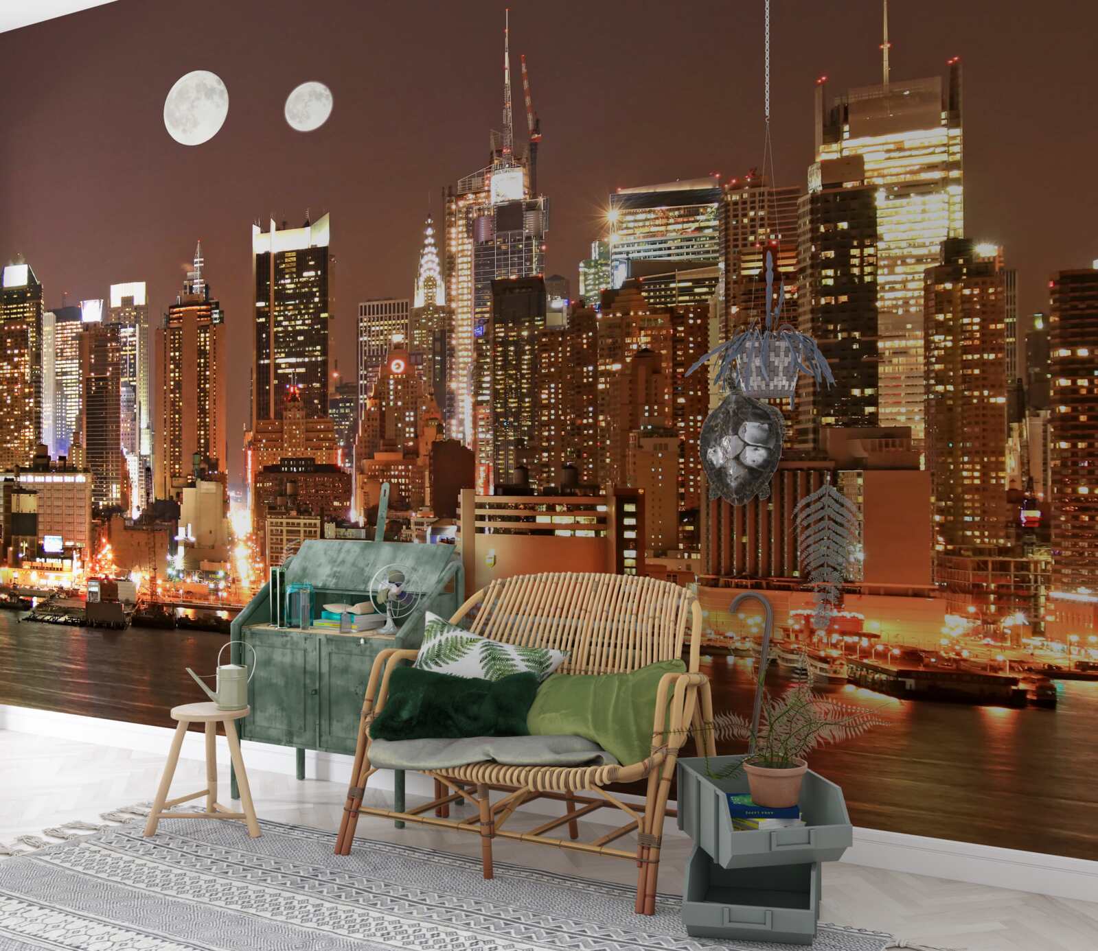 Фотошпалери сонце і місяць світять над величезним містом