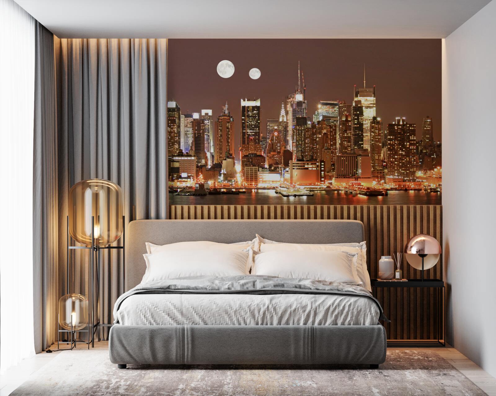 Фотошпалери сонце і місяць світять над величезним містом