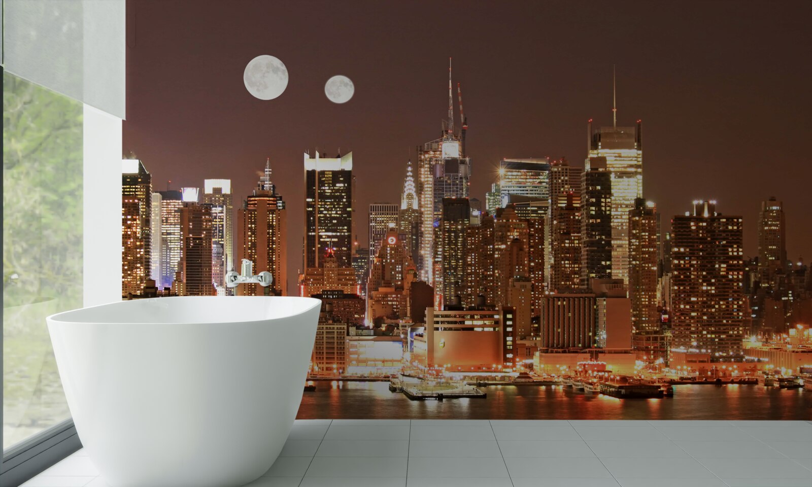 Фотошпалери сонце і місяць світять над величезним містом