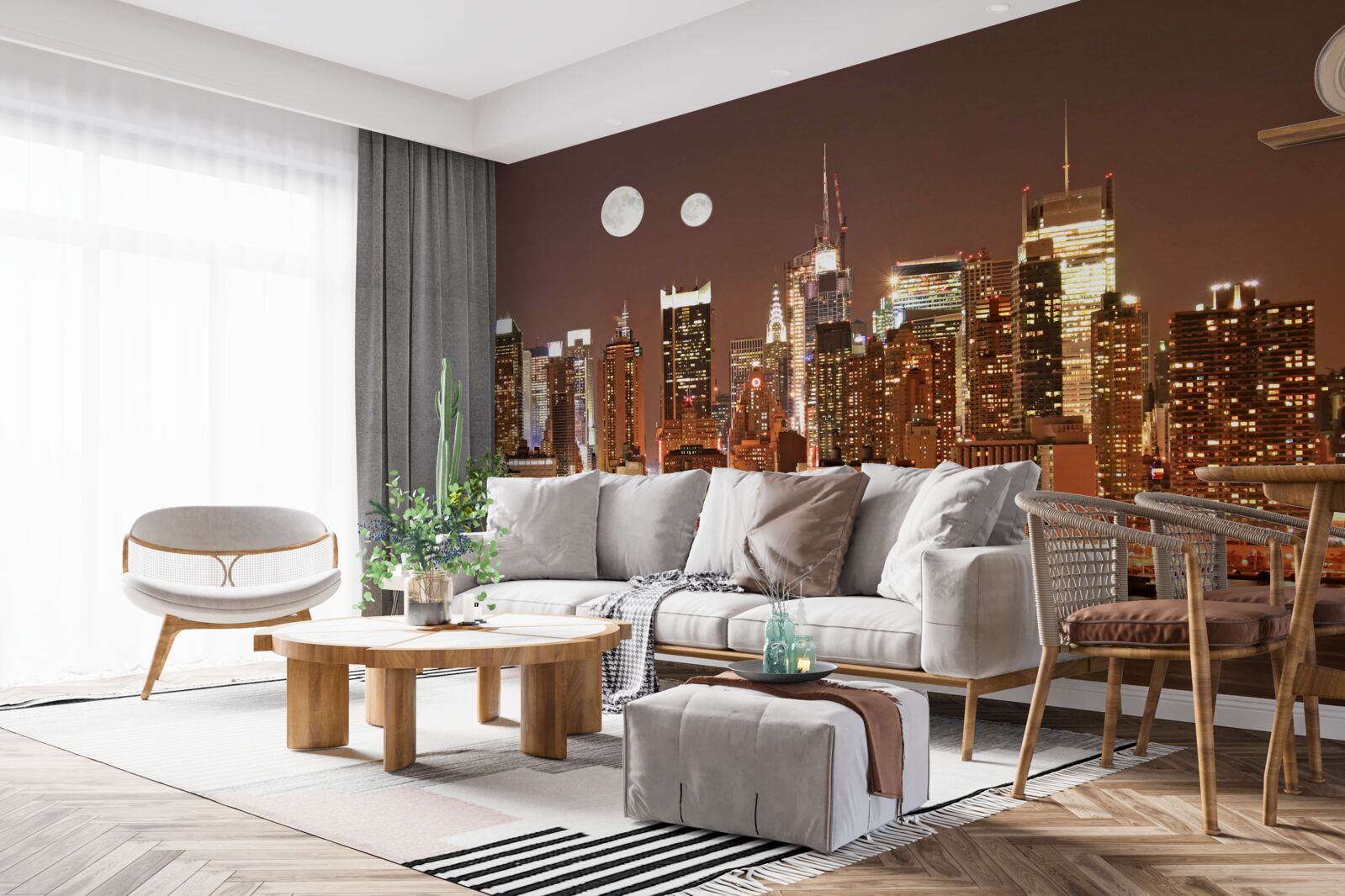 Фотошпалери сонце і місяць світять над величезним містом