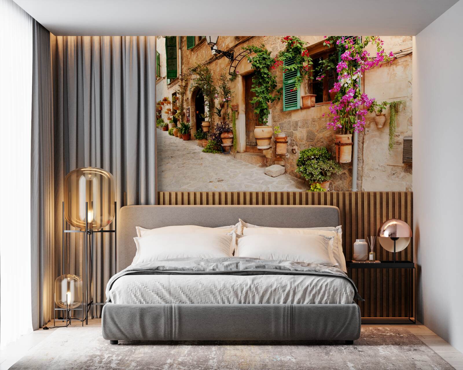 Фотошпалери старовинна похила вулиця, прикрашена квітами