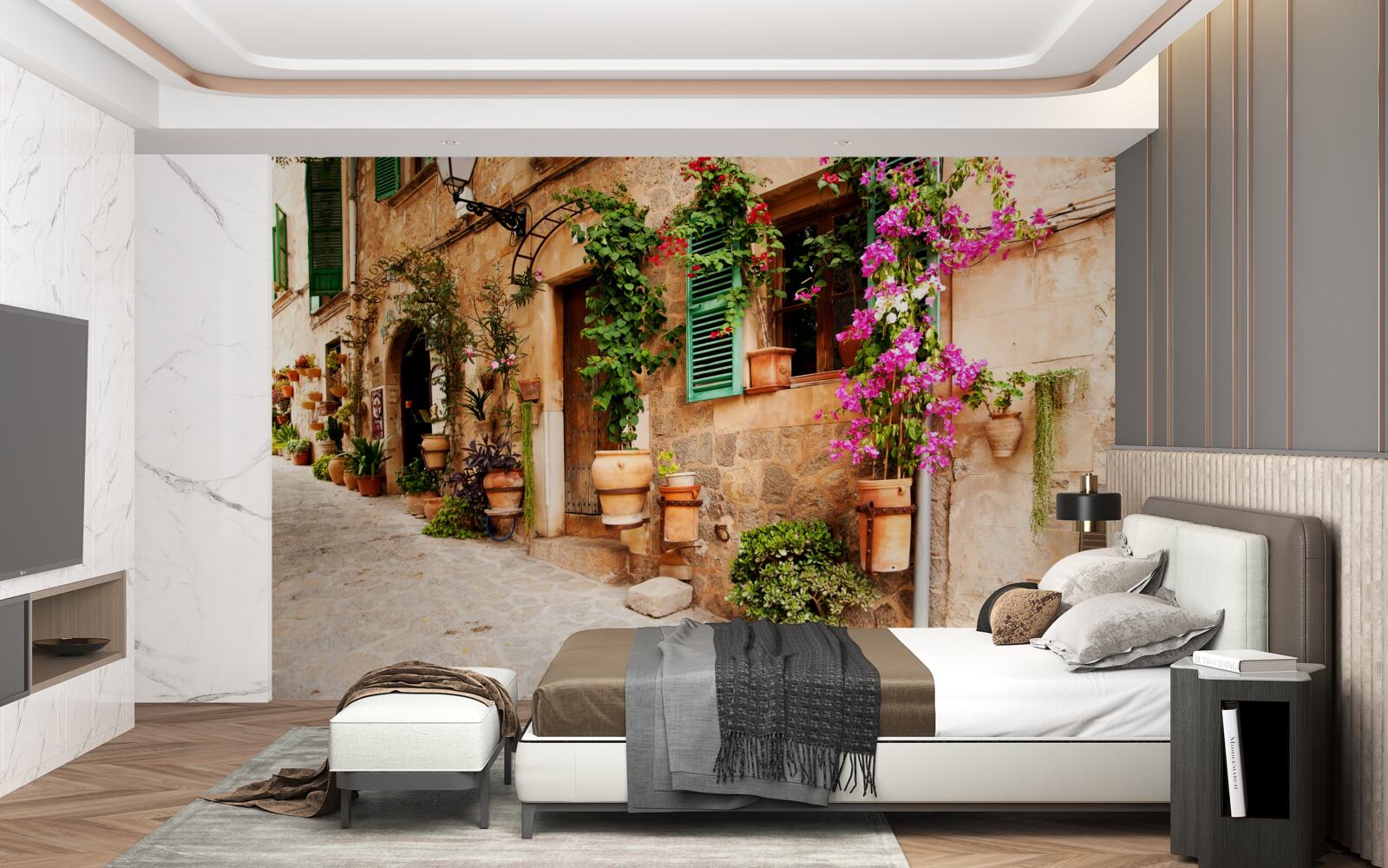 Фотошпалери старовинна похила вулиця, прикрашена квітами