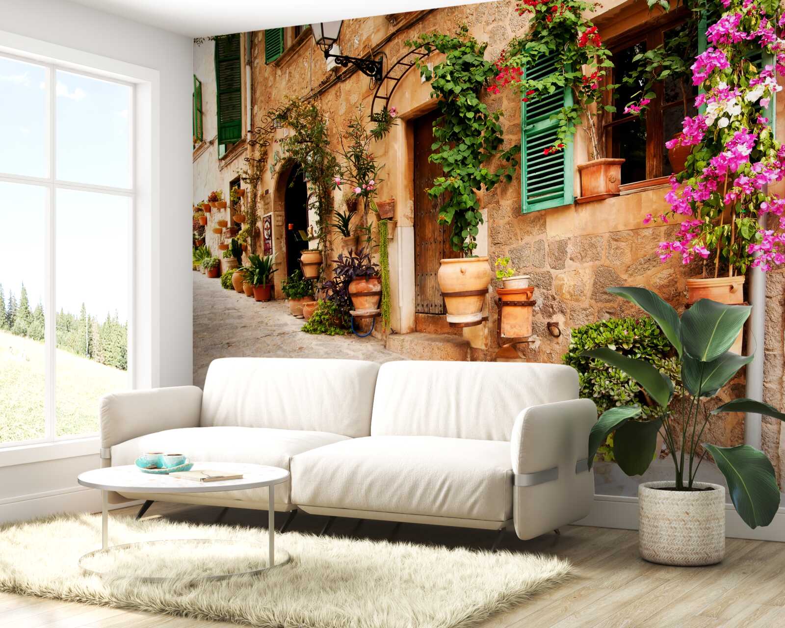 Фотошпалери старовинна похила вулиця, прикрашена квітами