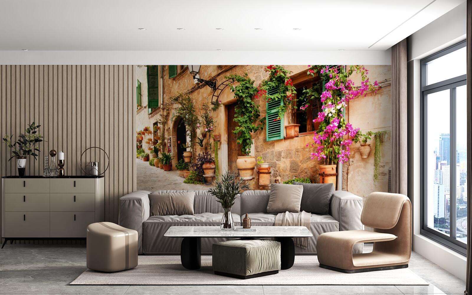 Фотошпалери старовинна похила вулиця, прикрашена квітами