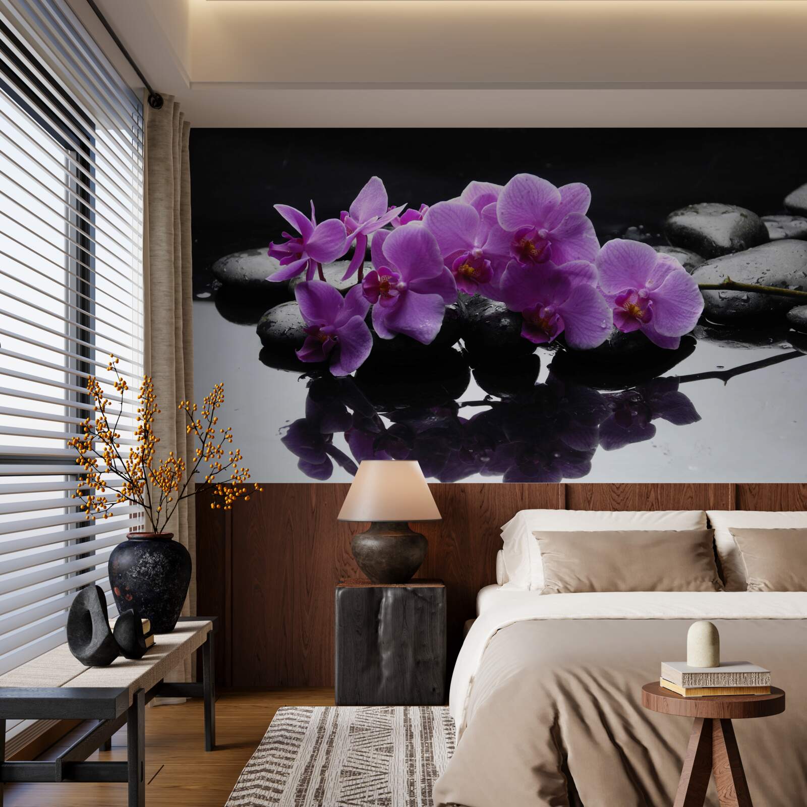 Фотошпалери бузкова орхідея на камені біля води