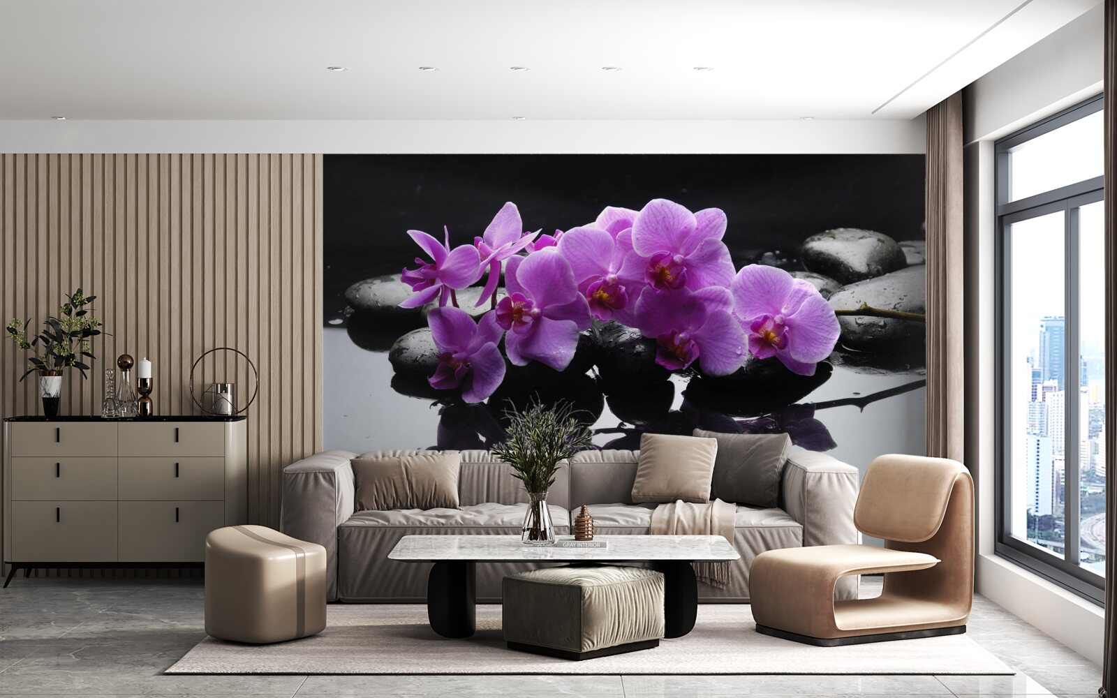Фотошпалери бузкова орхідея на камені біля води