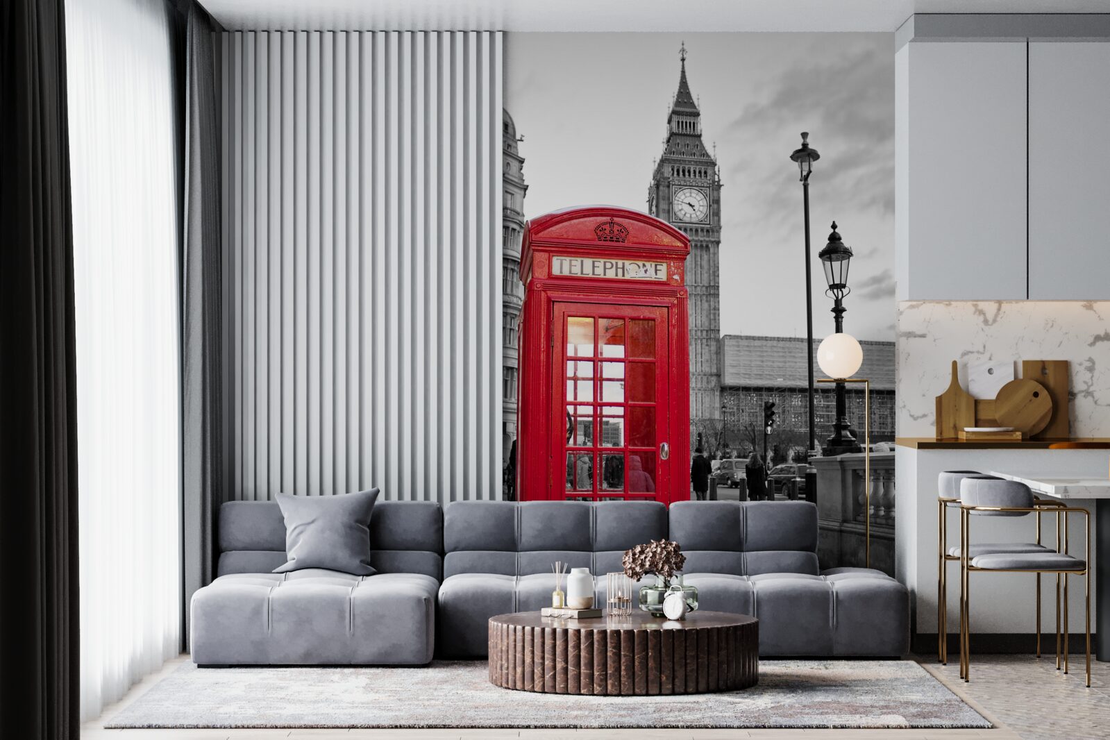 Фотошпалери у центрі, поруч із Біг-Беном, стоїть червона телефонна будка