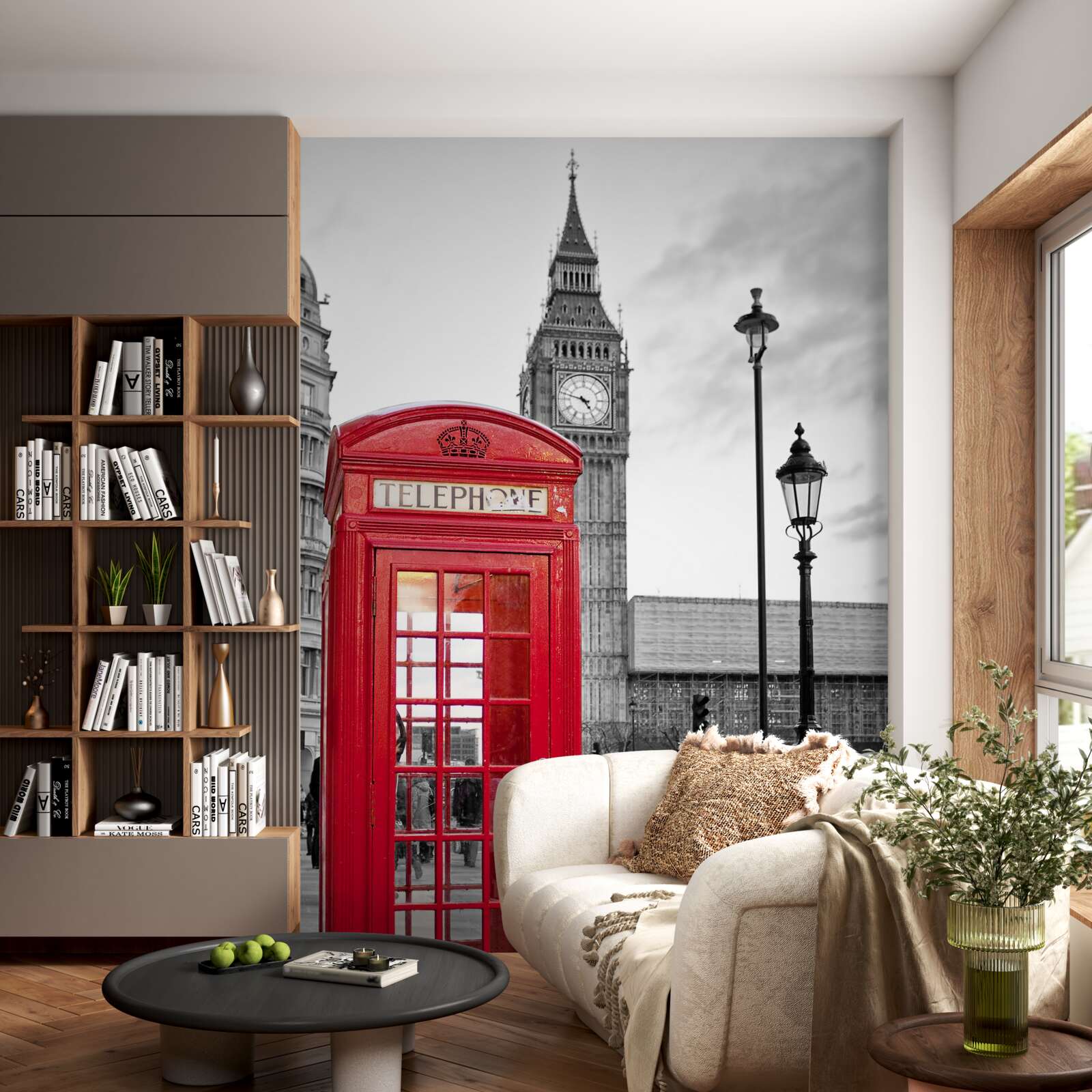 Фотошпалери у центрі, поруч із Біг-Беном, стоїть червона телефонна будка