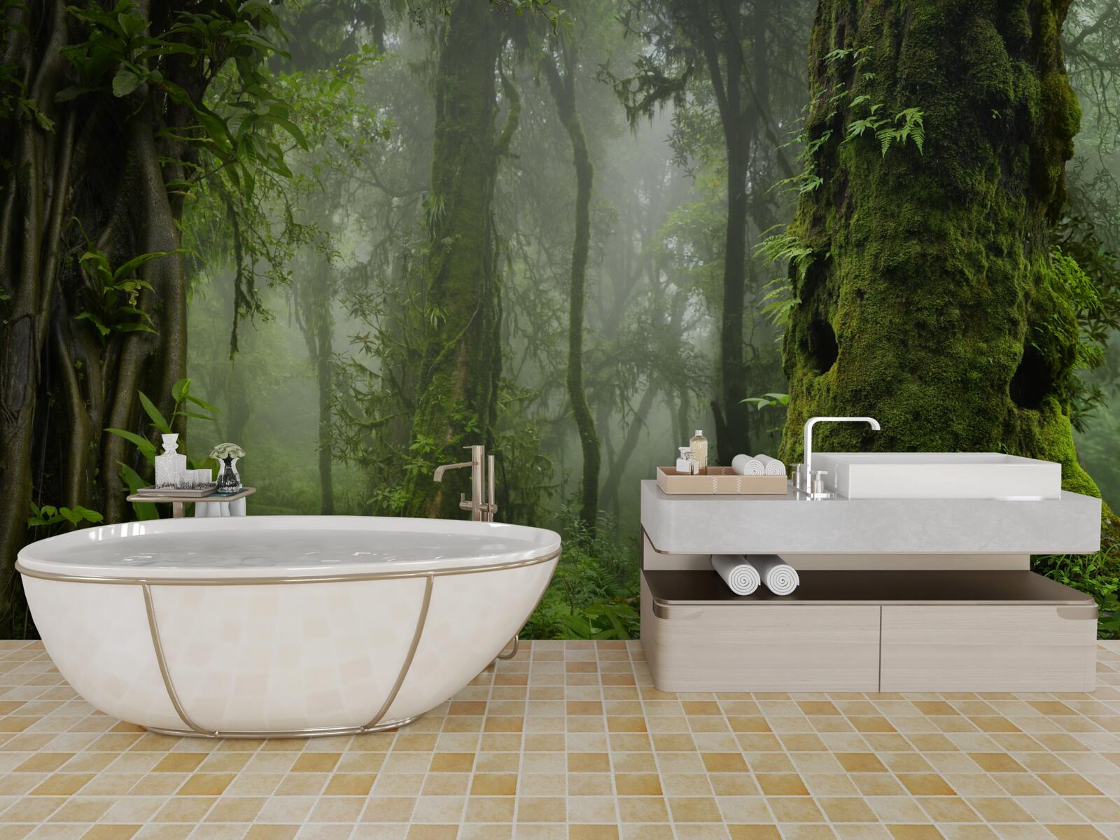 Фотошпалери сильний дощ у стародавньому лісі