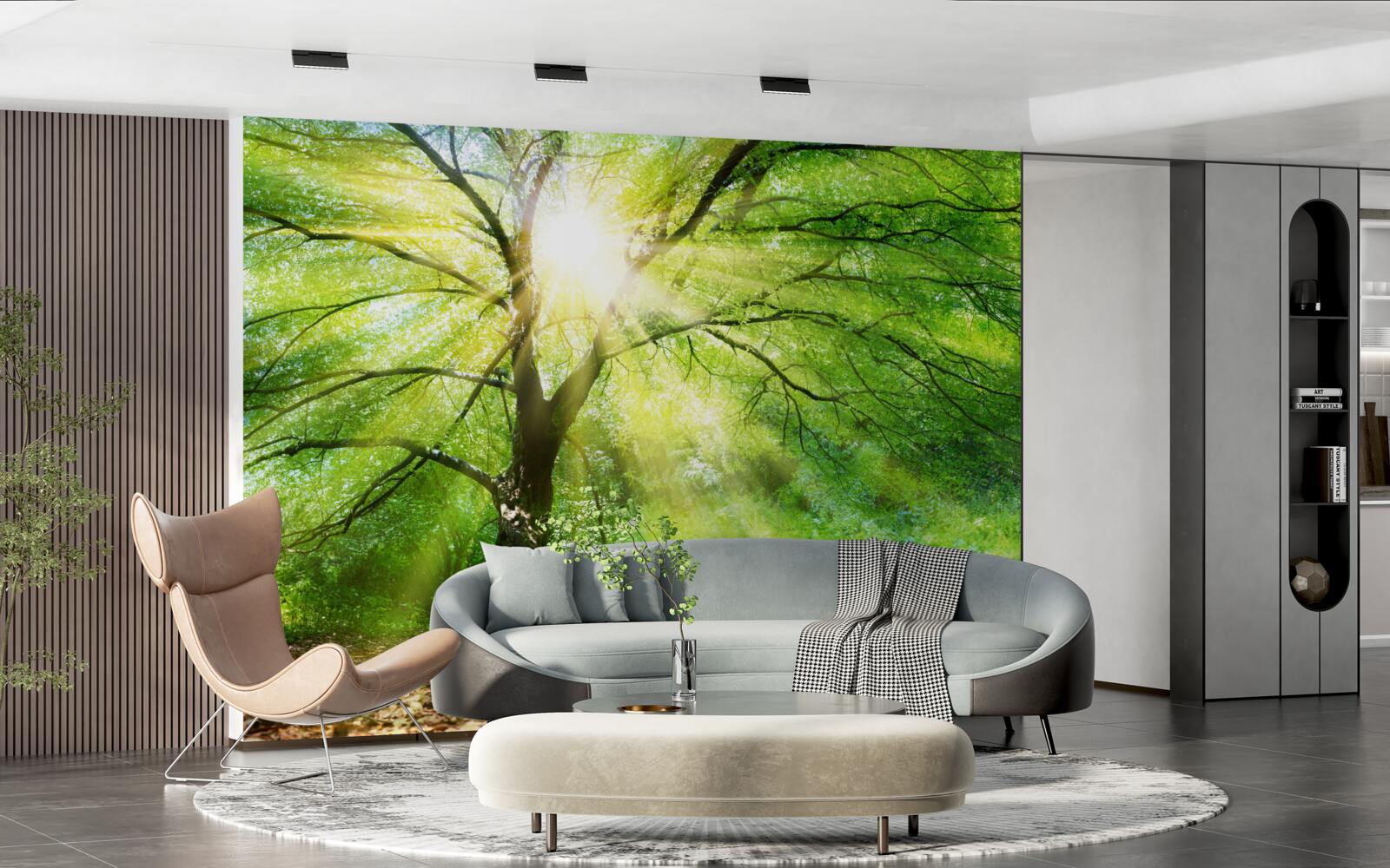 Фотошпалери крізь пишні крони дерев пробиваються світлі промені сонця