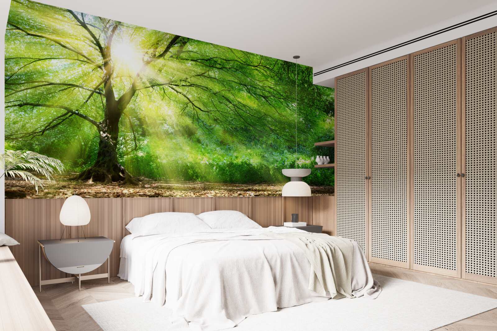 Фотошпалери крізь пишні крони дерев пробиваються світлі промені сонця