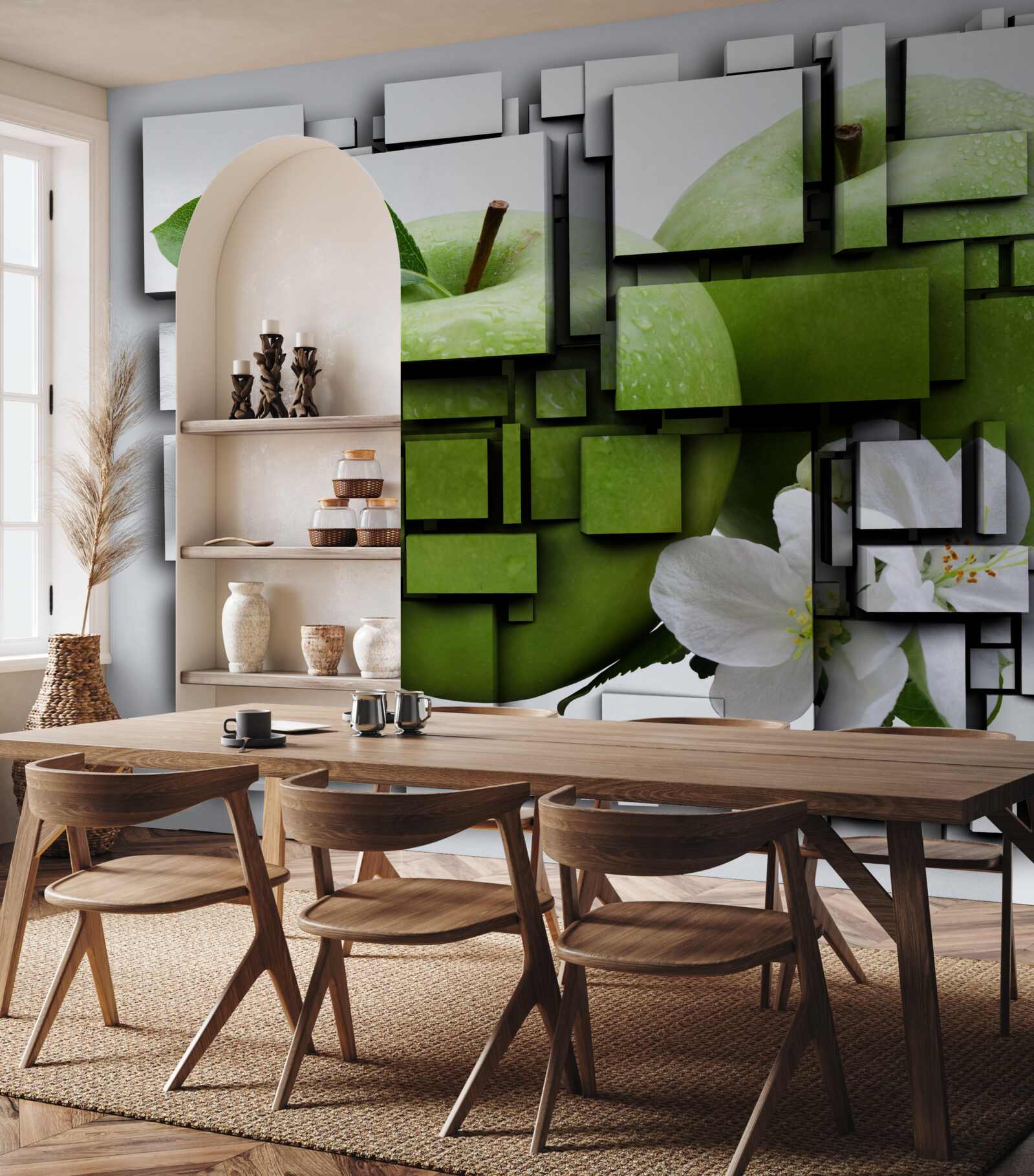 Фотошпалери композиція з прямокутників із зображенням зеленого яблука