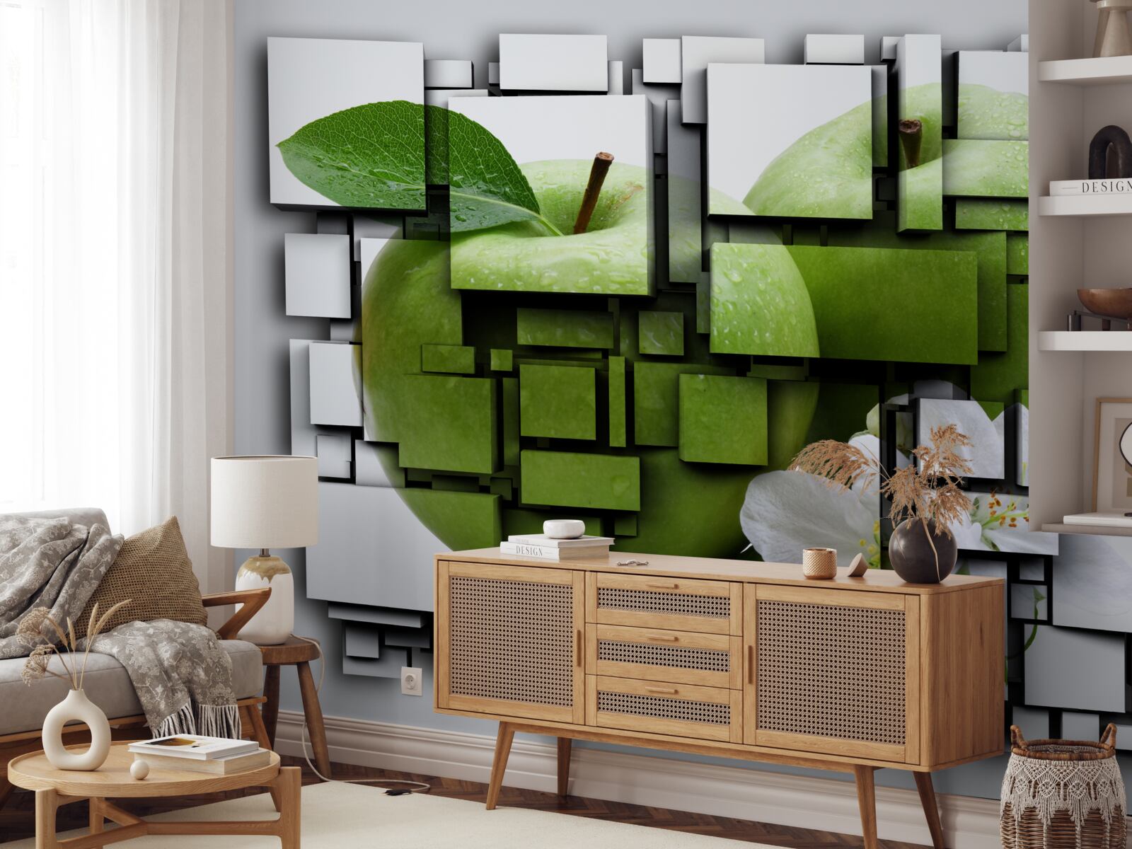 Фотошпалери композиція з прямокутників із зображенням зеленого яблука