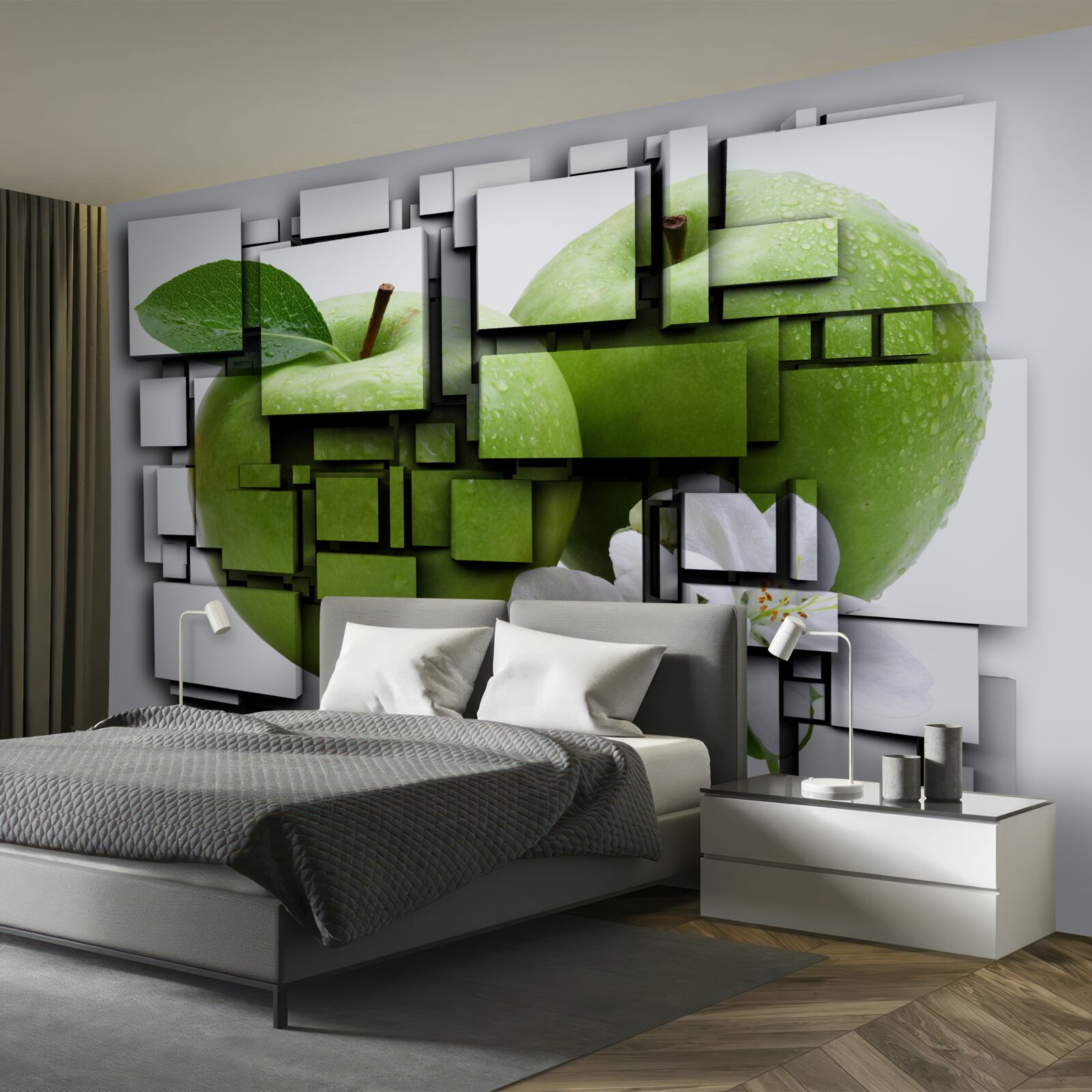 Фотошпалери композиція з прямокутників із зображенням зеленого яблука