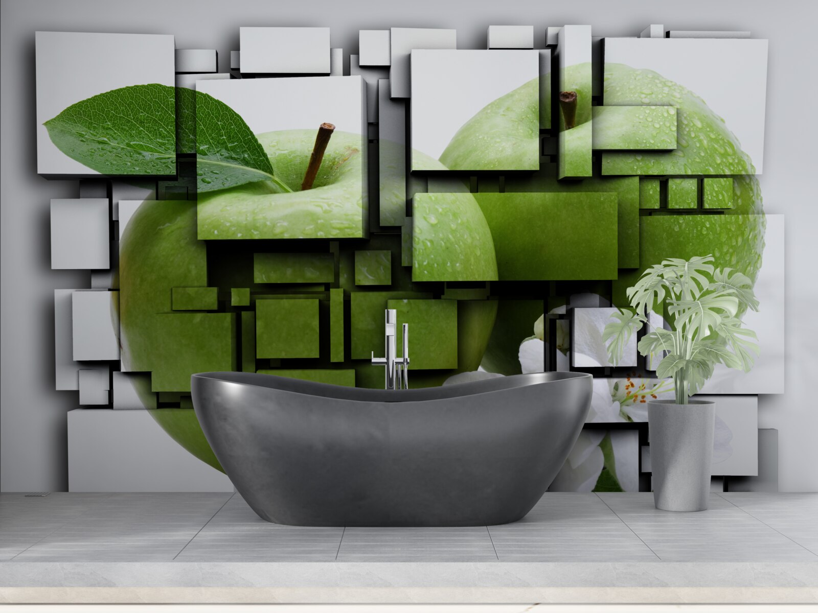 Фотошпалери композиція з прямокутників із зображенням зеленого яблука