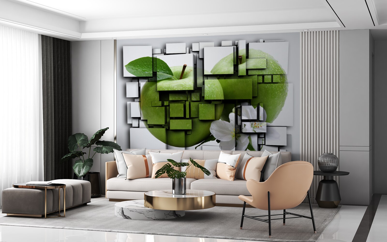 Фотошпалери композиція з прямокутників із зображенням зеленого яблука