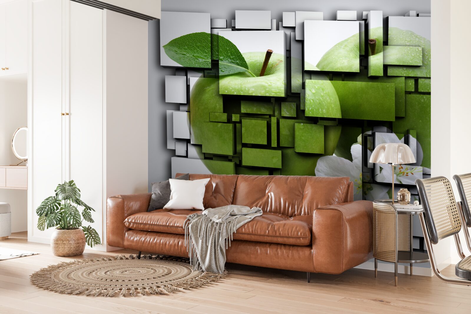 Фотошпалери композиція з прямокутників із зображенням зеленого яблука