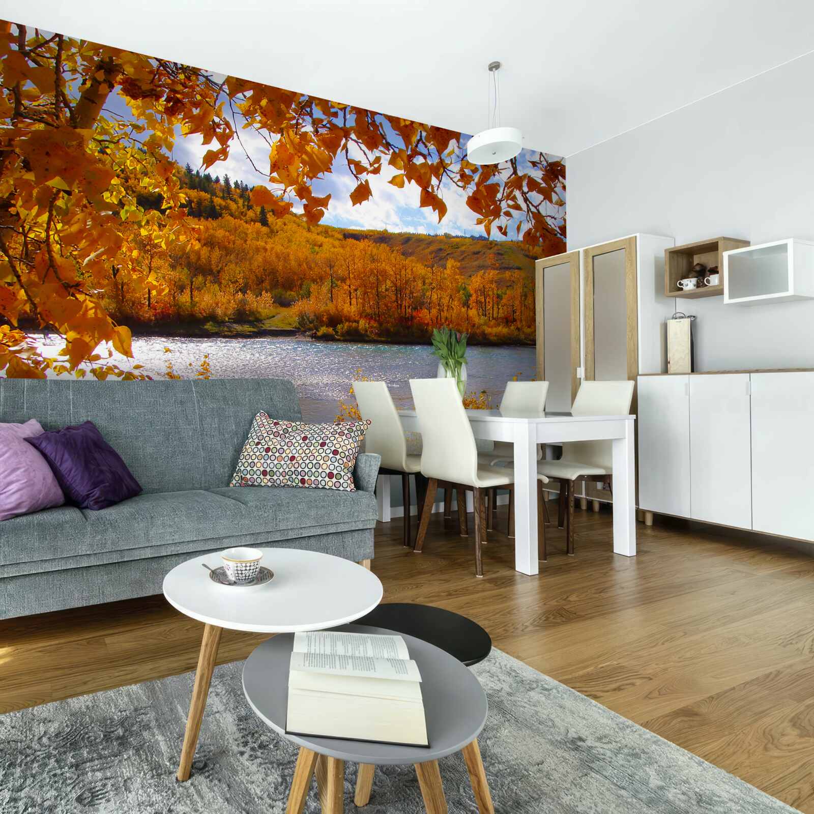 Фотошпалери золота осінь у густому лісі біля річки