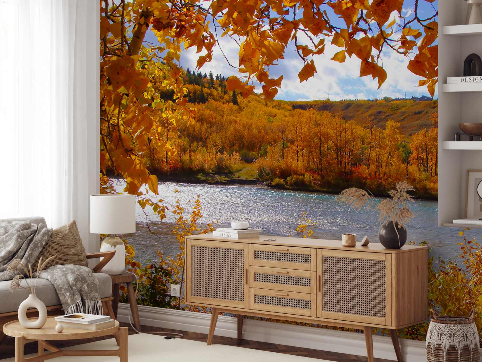 Фотошпалери золота осінь у густому лісі біля річки