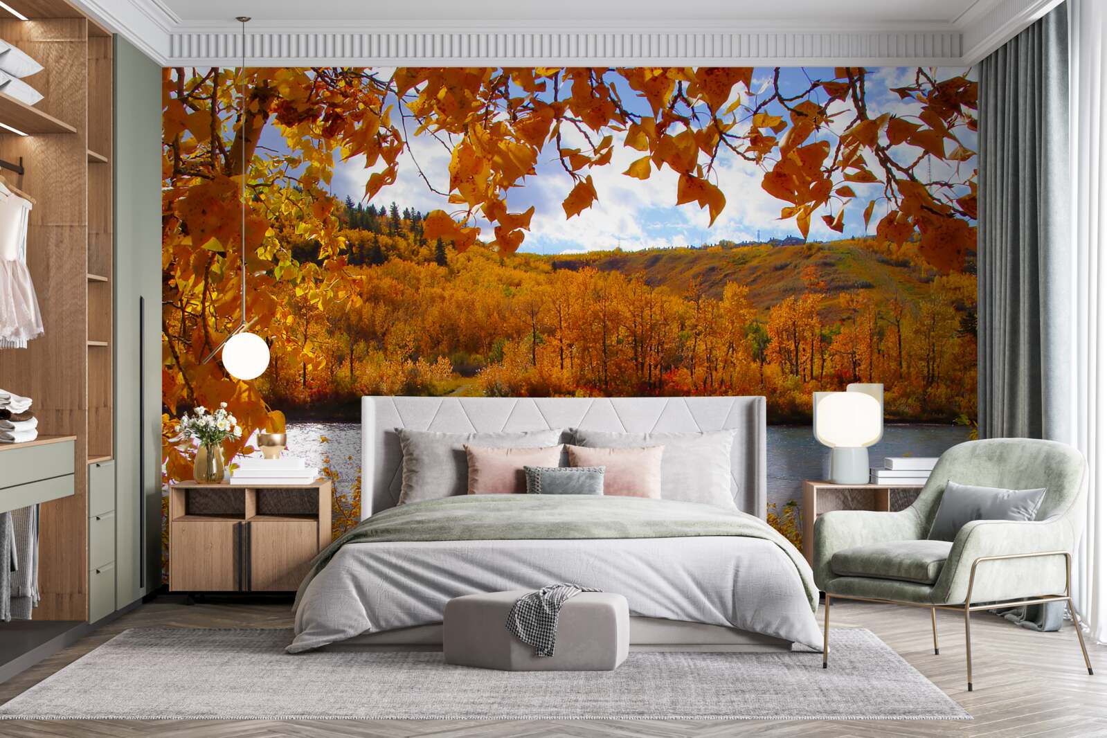 Фотошпалери золота осінь у густому лісі біля річки