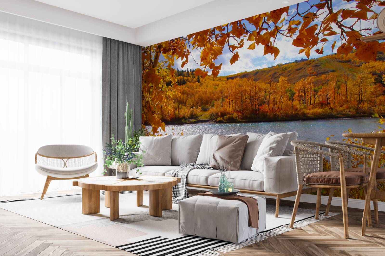 Фотошпалери золота осінь у густому лісі біля річки