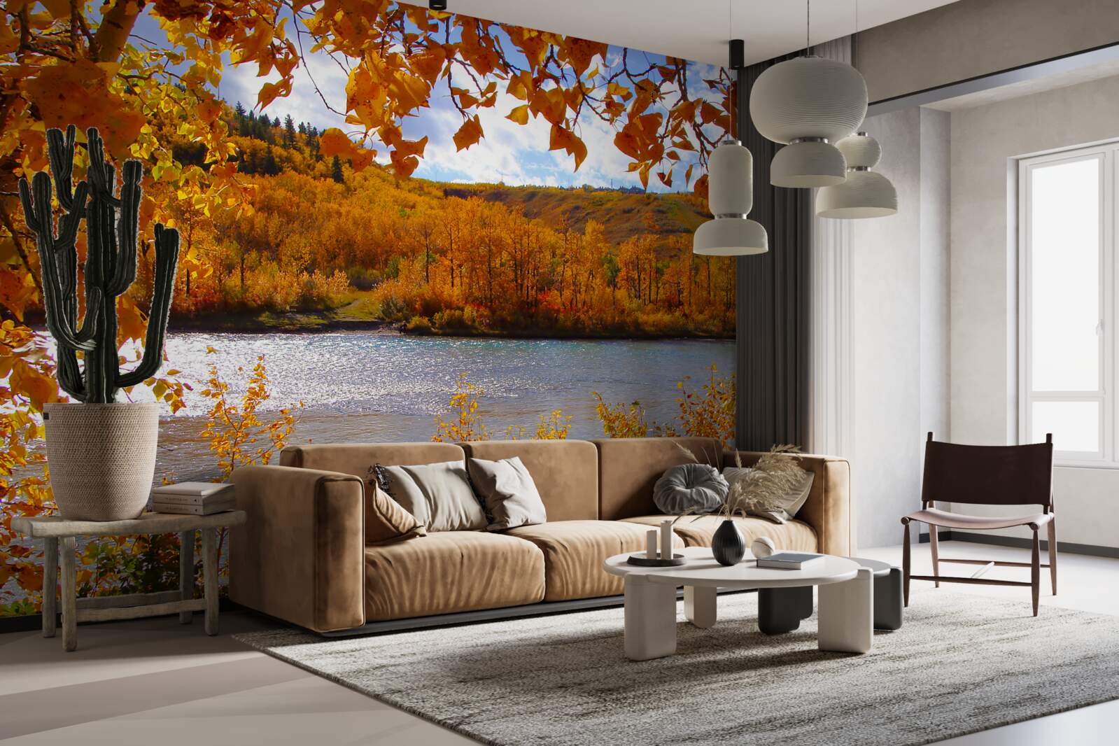 Фотошпалери золота осінь у густому лісі біля річки