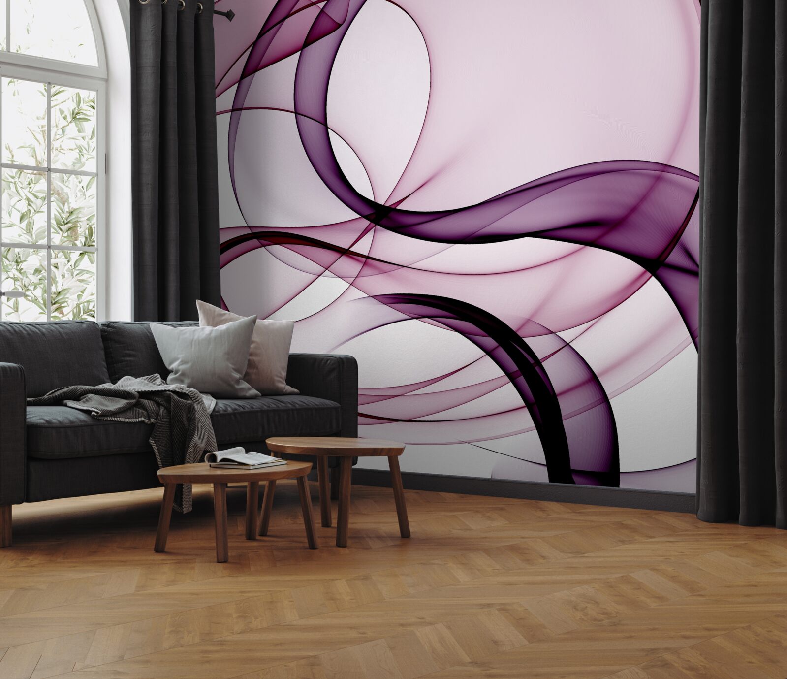 Фотошпалери темні, розмиті лінії на м'якому, світлому шовку