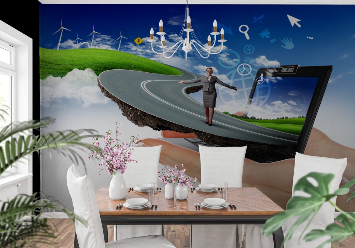 Фотошпалери в небі - дорога абстракція з дівчиною, що йде