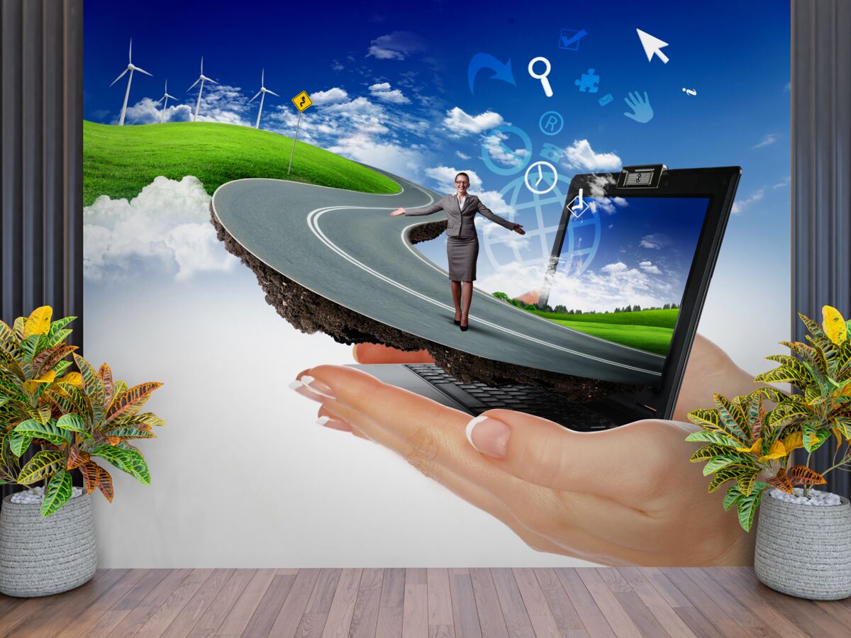 Фотошпалери в небі - дорога абстракція з дівчиною, що йде