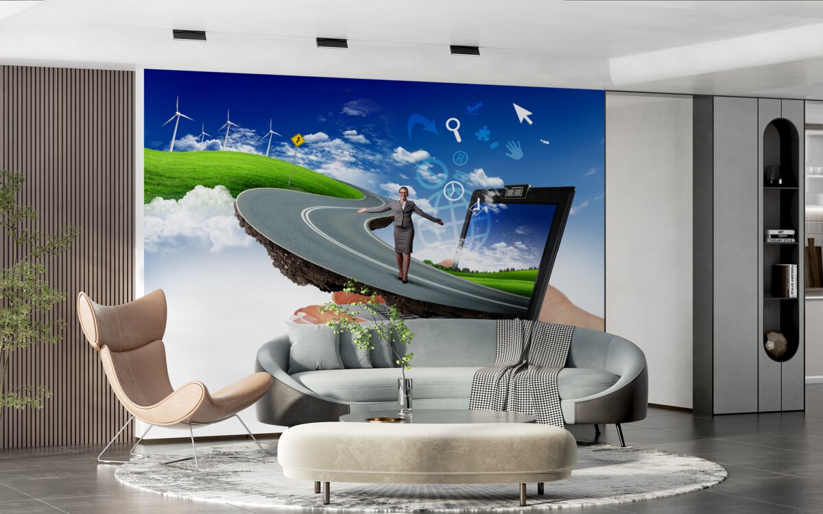 Фотошпалери в небі - дорога абстракція з дівчиною, що йде