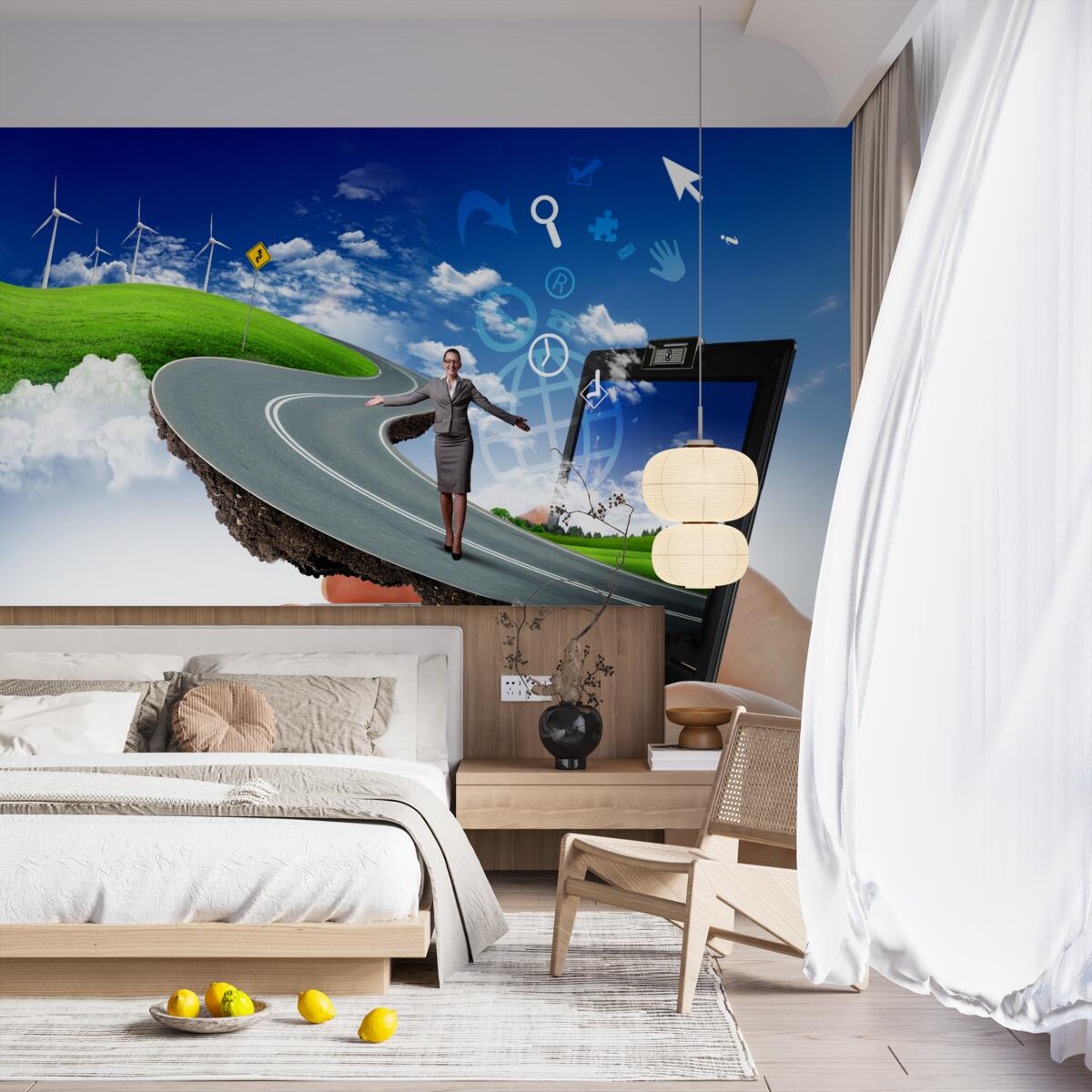 Фотошпалери в небі - дорога абстракція з дівчиною, що йде